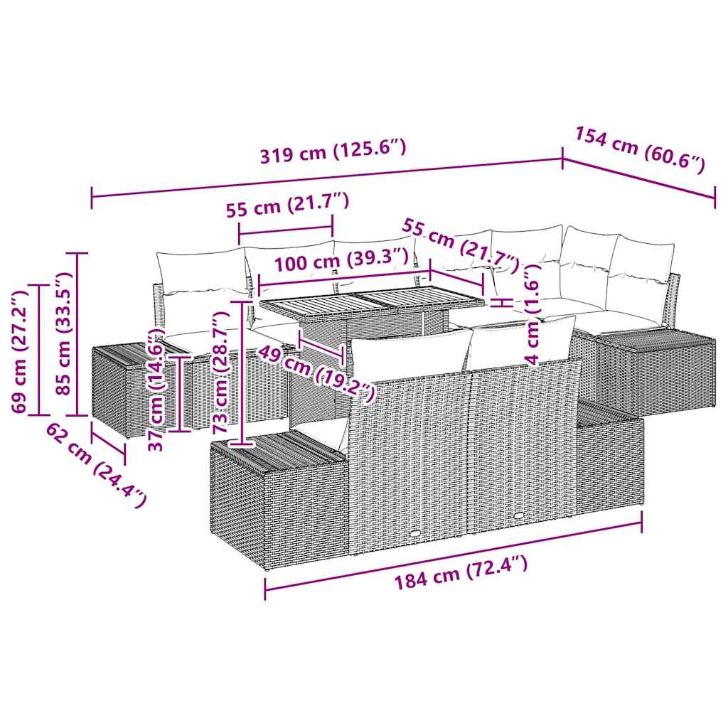 Garten Essgruppe mit Kissen 9 pcs Schwarz und Creme