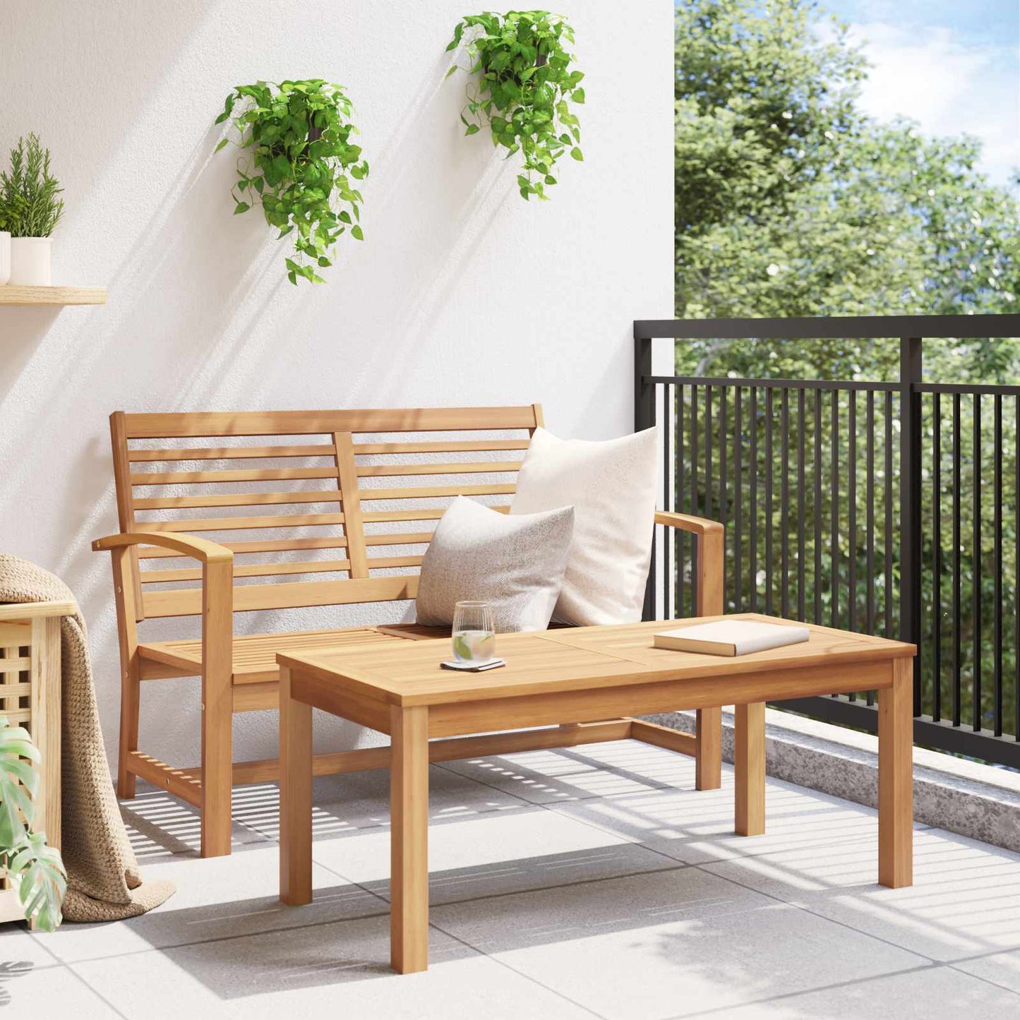 Gartenbank und Tischset 2 Stück Braun Massivholz Teak