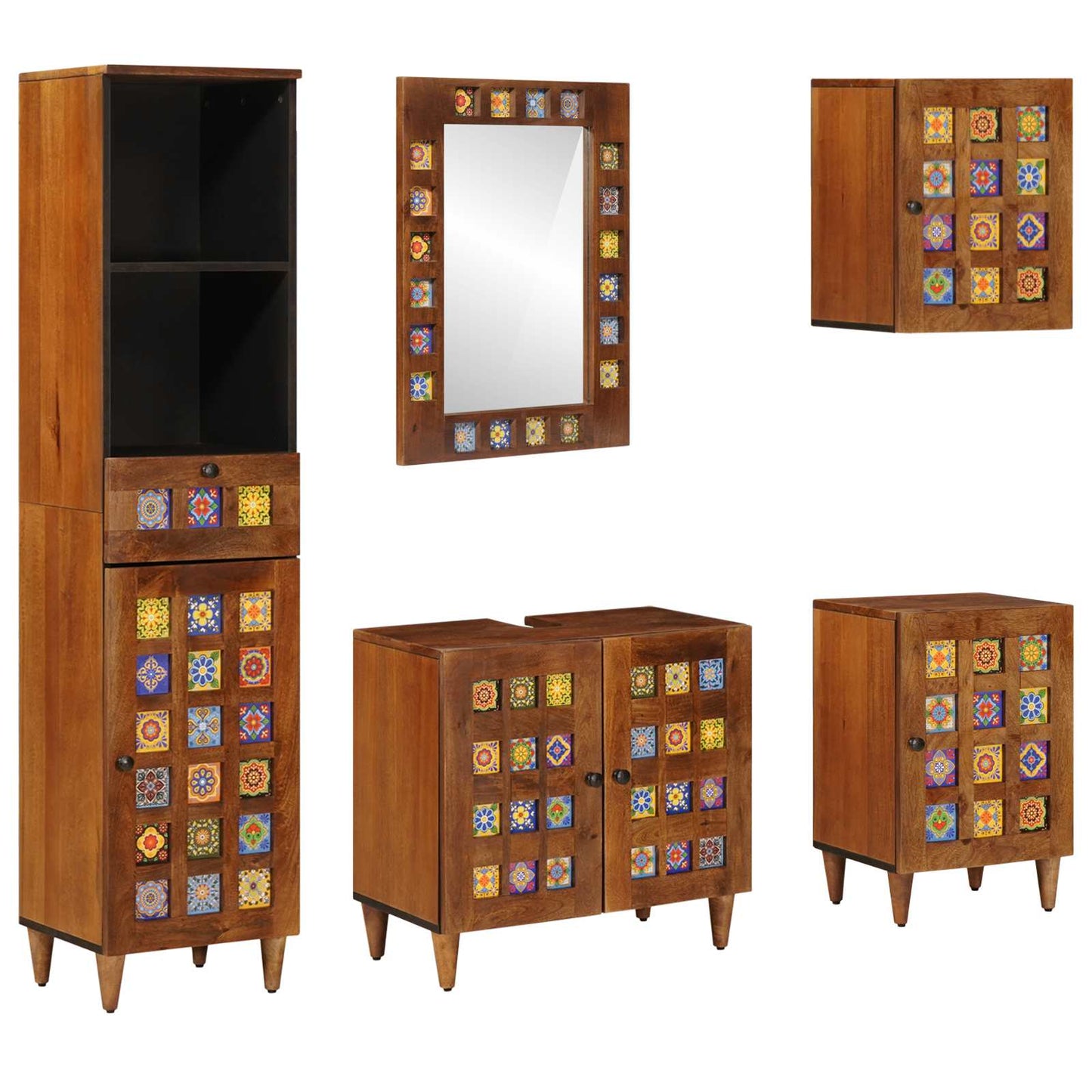 Badezimmermöbel-Set mit Regal 5 pcs Walnuss Massivholz Mango