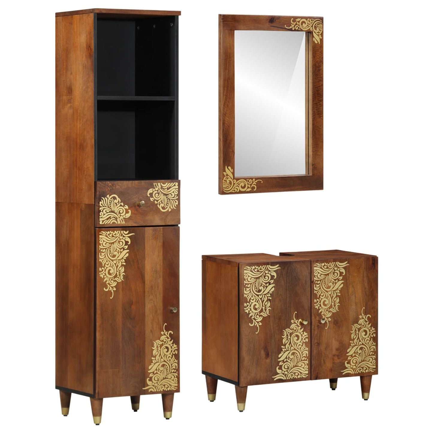 Badezimmerschrank-Set mit Tür 3 pcs Honigbraun Massivholz Mango