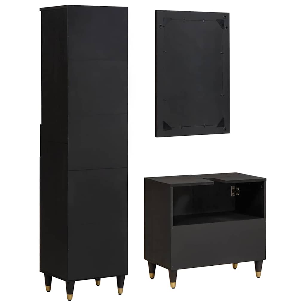 Badezimmerschrank-Set mit Tür 3 pcs Schwarz Massivholz Mango