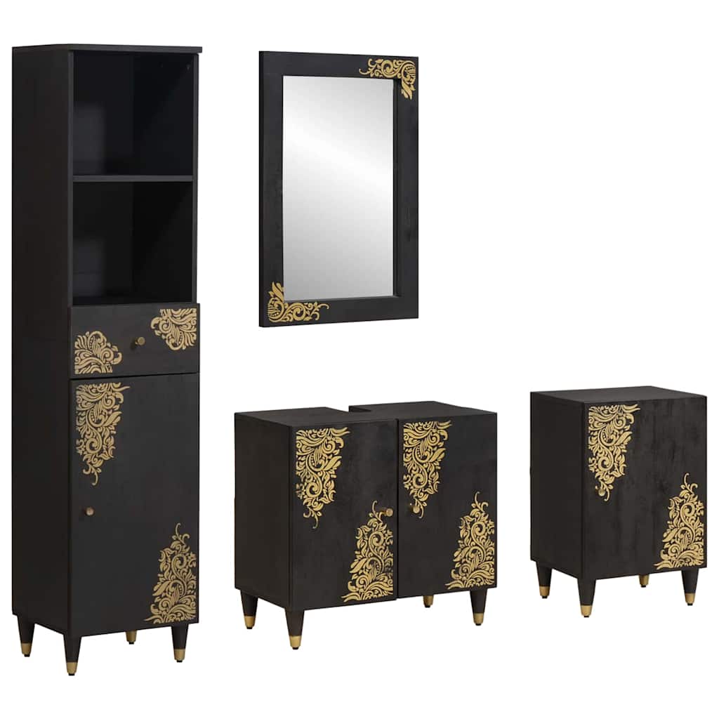 Badezimmerschrank-Set mit Tür 4 pcs Schwarz Massivholz Mango