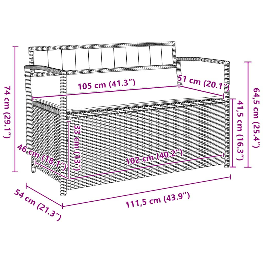 Gartenbank mit Stauraum und Kissen Grau Poly Rattan