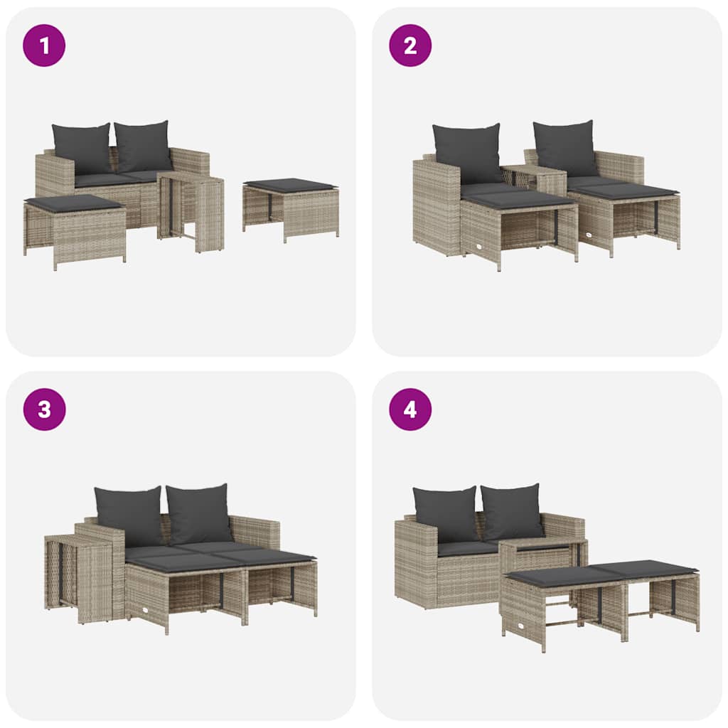 5tlg. Garten-Sofagarnitur Kissen Stapelbar Hellgrau Poly Rattan