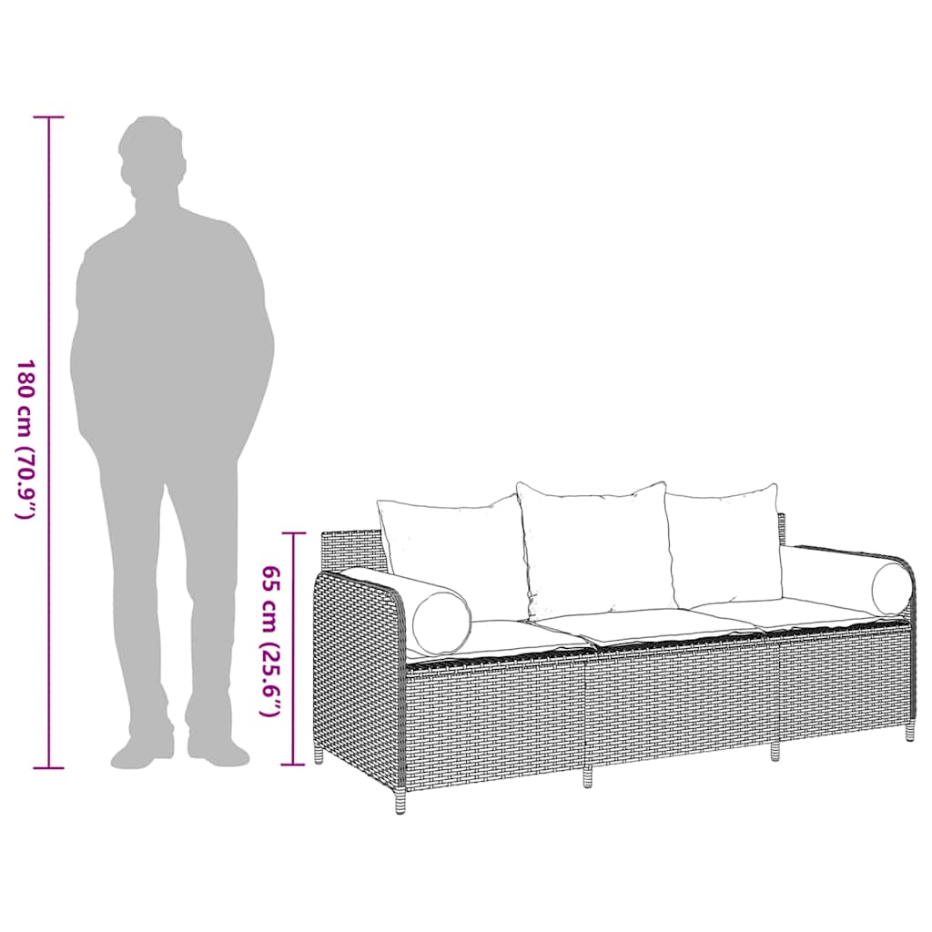 Gartensofa mit Kissen 3-Sitzer Schwarz Poly Rattan
