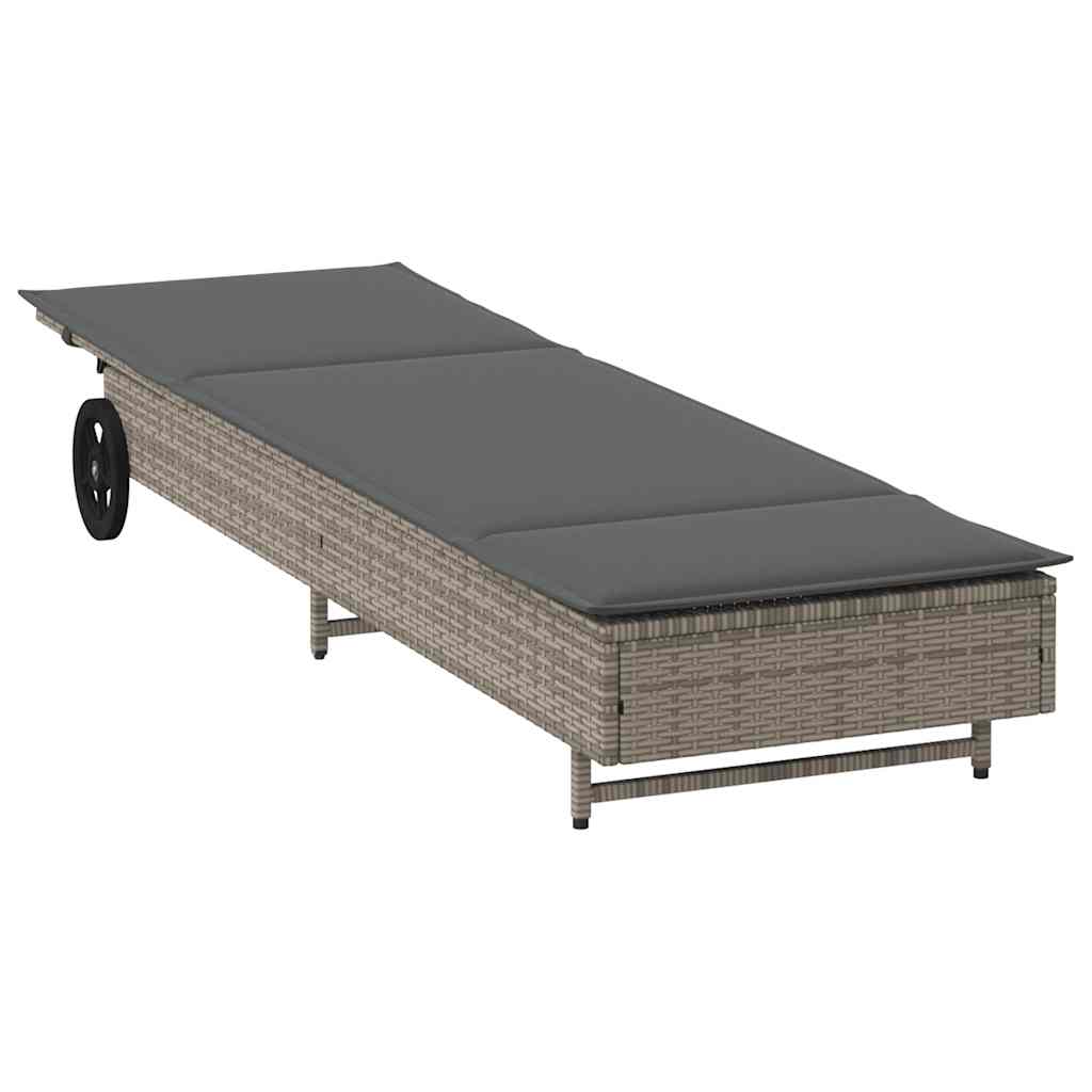 Sonnenliege mit Rollen und Auflage Grau Poly Rattan