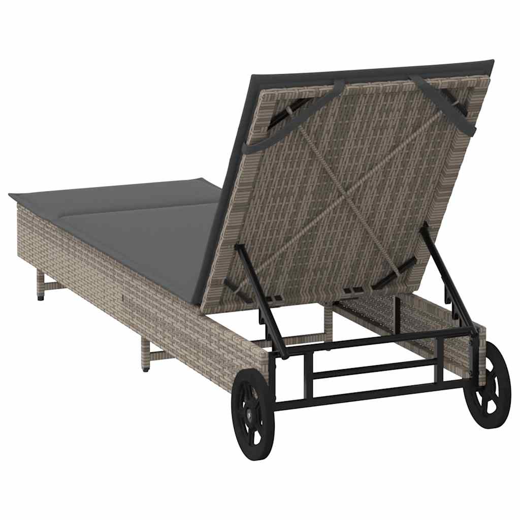 Sonnenliege mit Rollen und Auflage Grau Poly Rattan