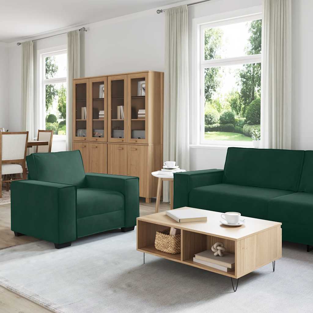 3-tlg. Sofagarnitur mit Kissen Dunkelgrün Samt