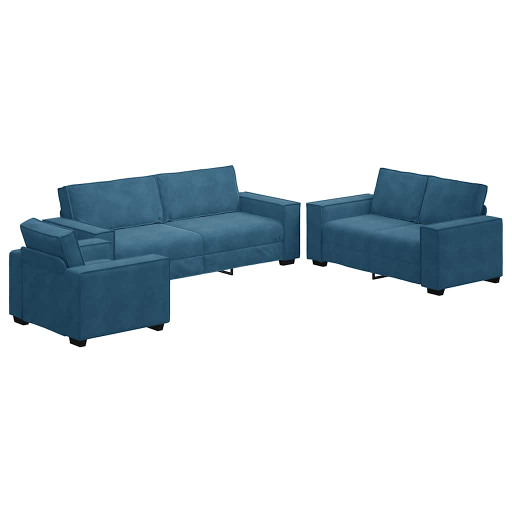 3-tlg. Sofagarnitur mit Kissen Blau Samt