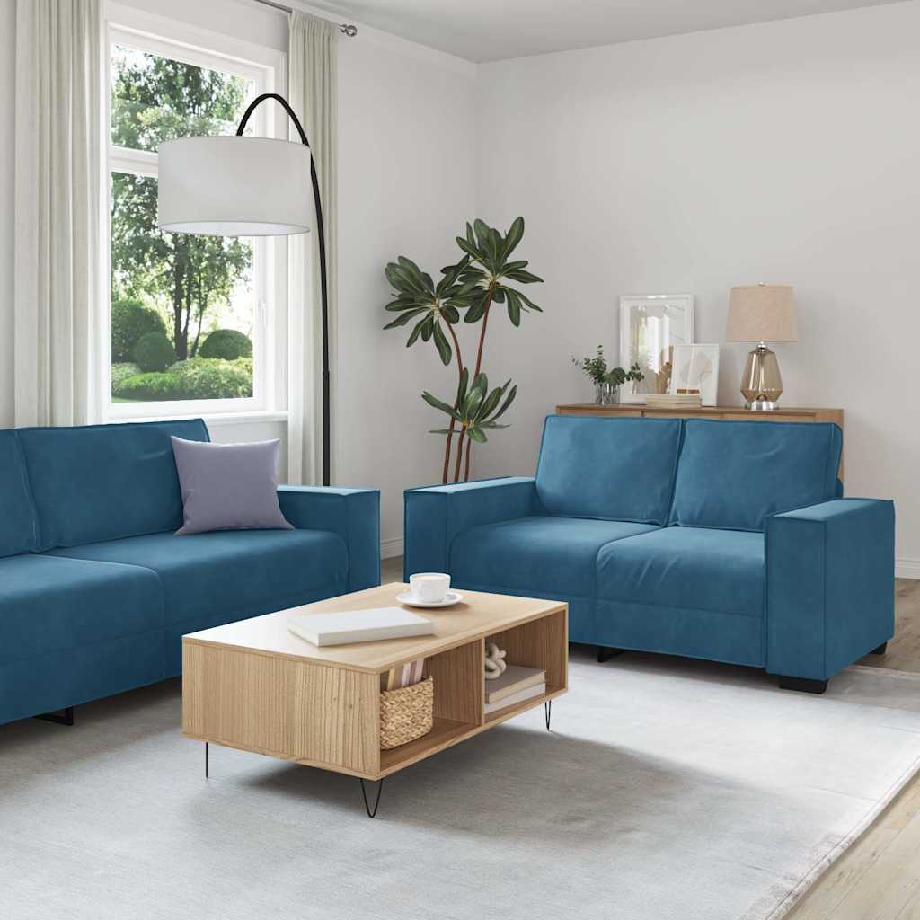 3-tlg. Sofagarnitur mit Kissen Blau Samt