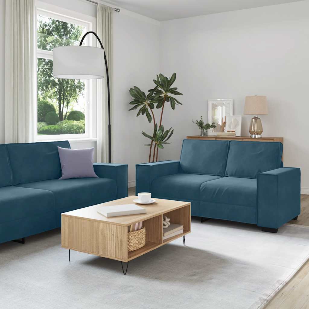 2-tlg. Sofagarnitur mit Kissen Blau Samt