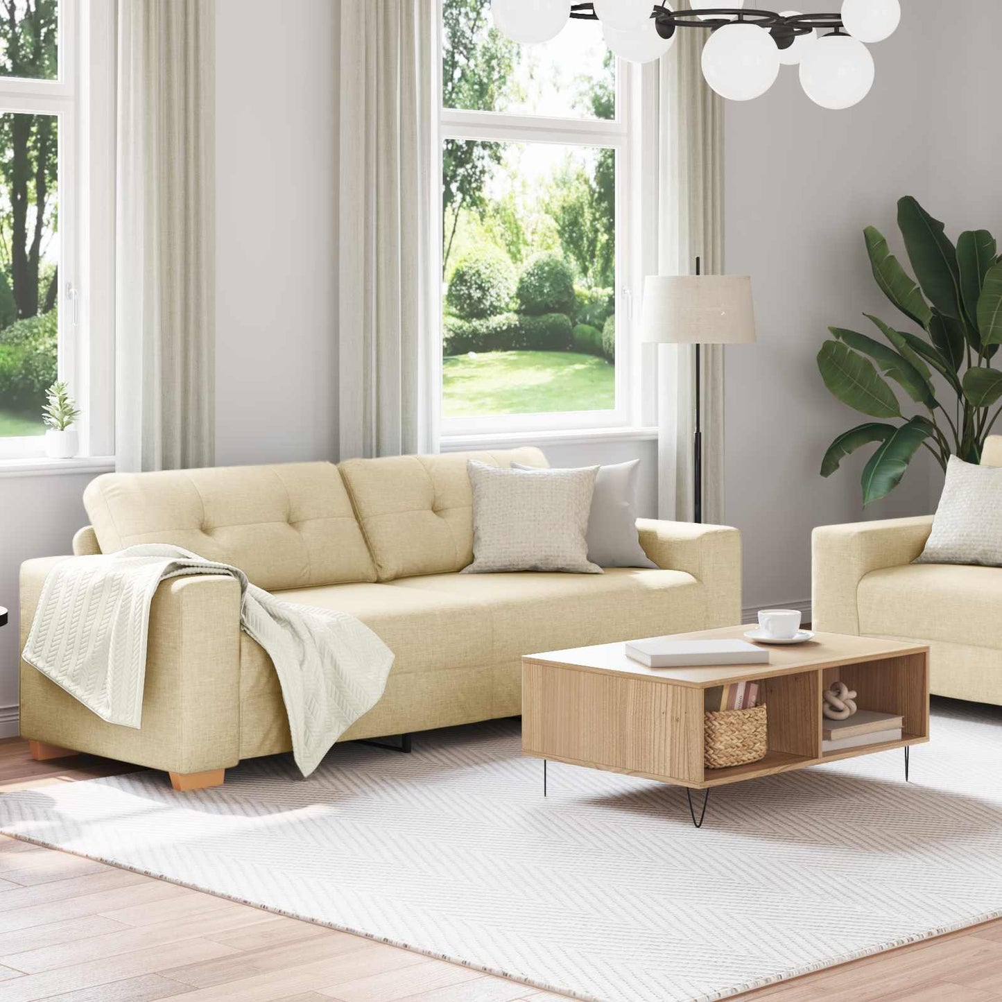 2-tlg. Sofagarnitur mit Kissen Creme Stoff