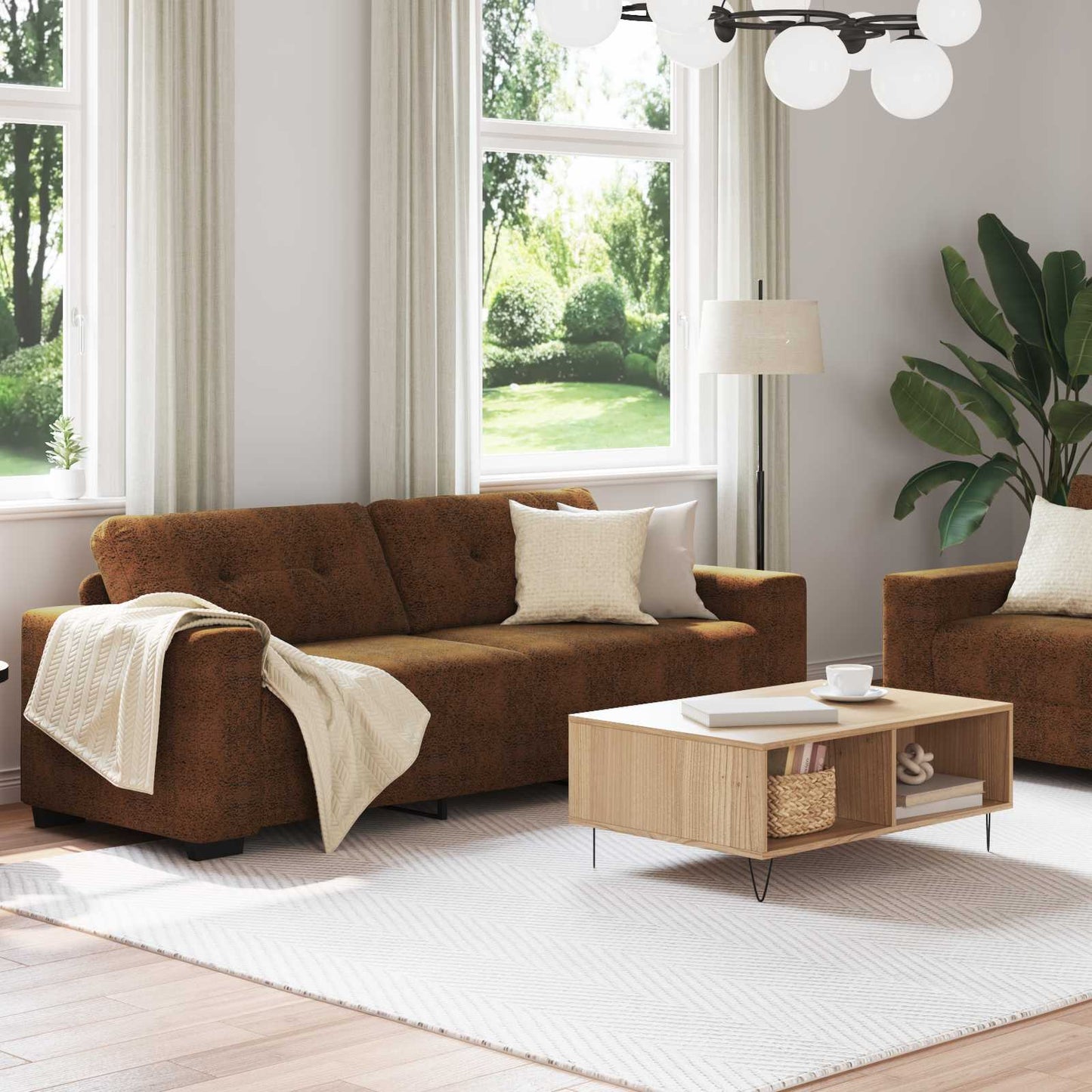 2-tlg. Sofagarnitur mit Kissen Braun Kunstleder