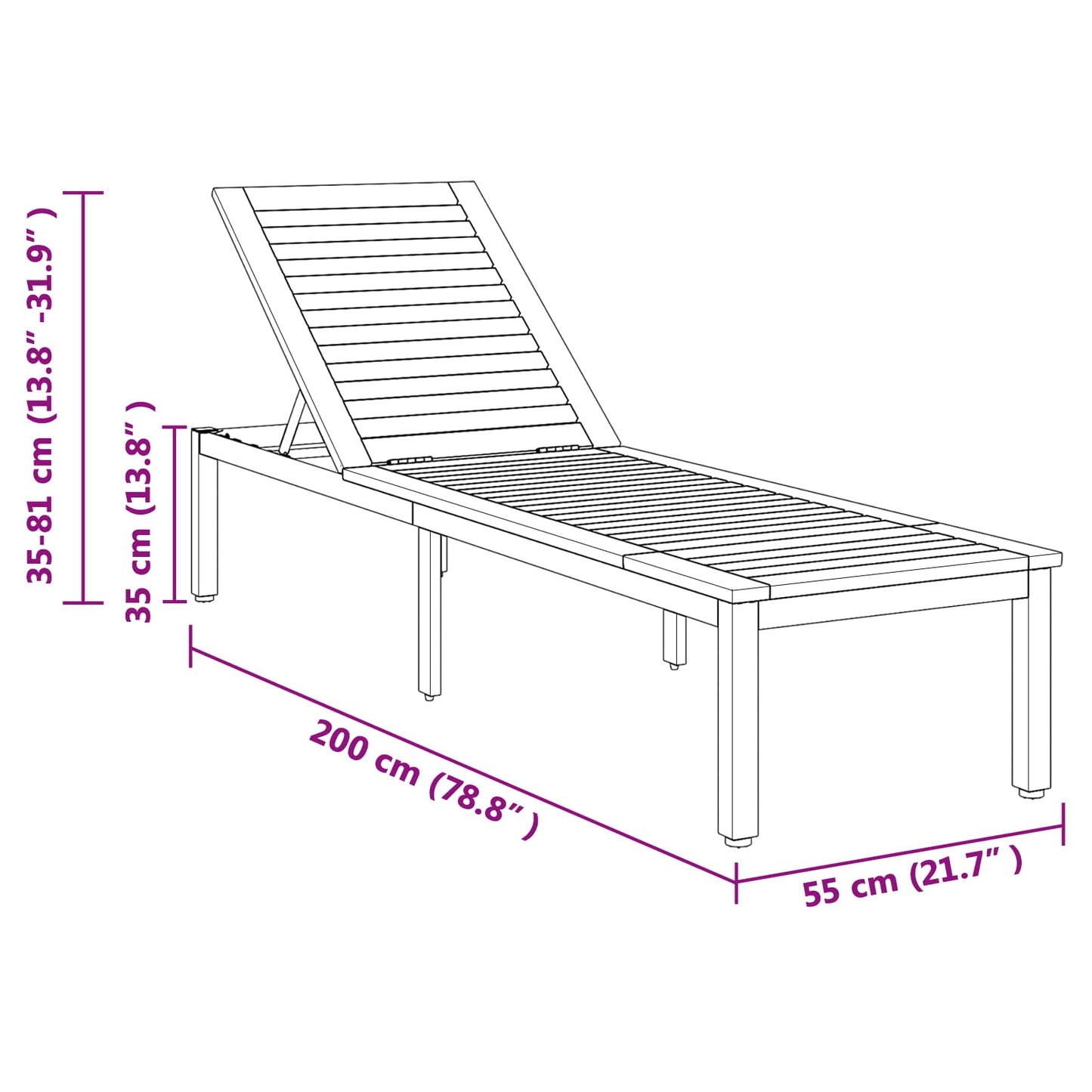 Sonnenliege Grau 200 x 55 x 35 cm Massivholz Akazie