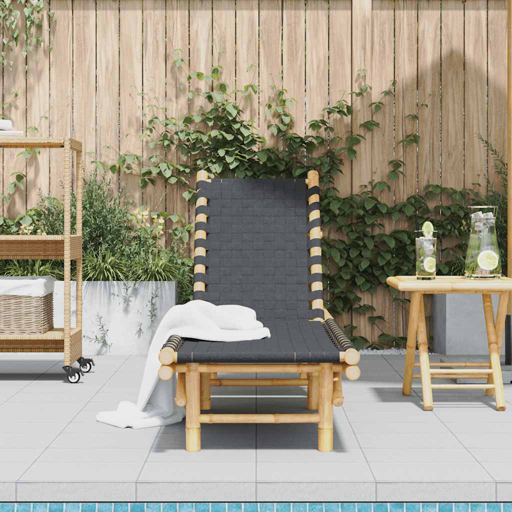 Sonnenliege mit schwarzem gewebtem Gurtband 55x200x30 cm Bambus
