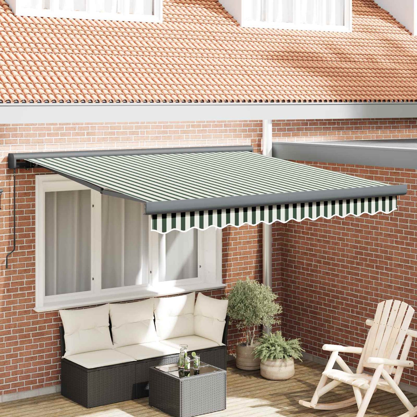 Einziehbare Markise Grün und Weiß 350 x 250 cm Stoff und Metall