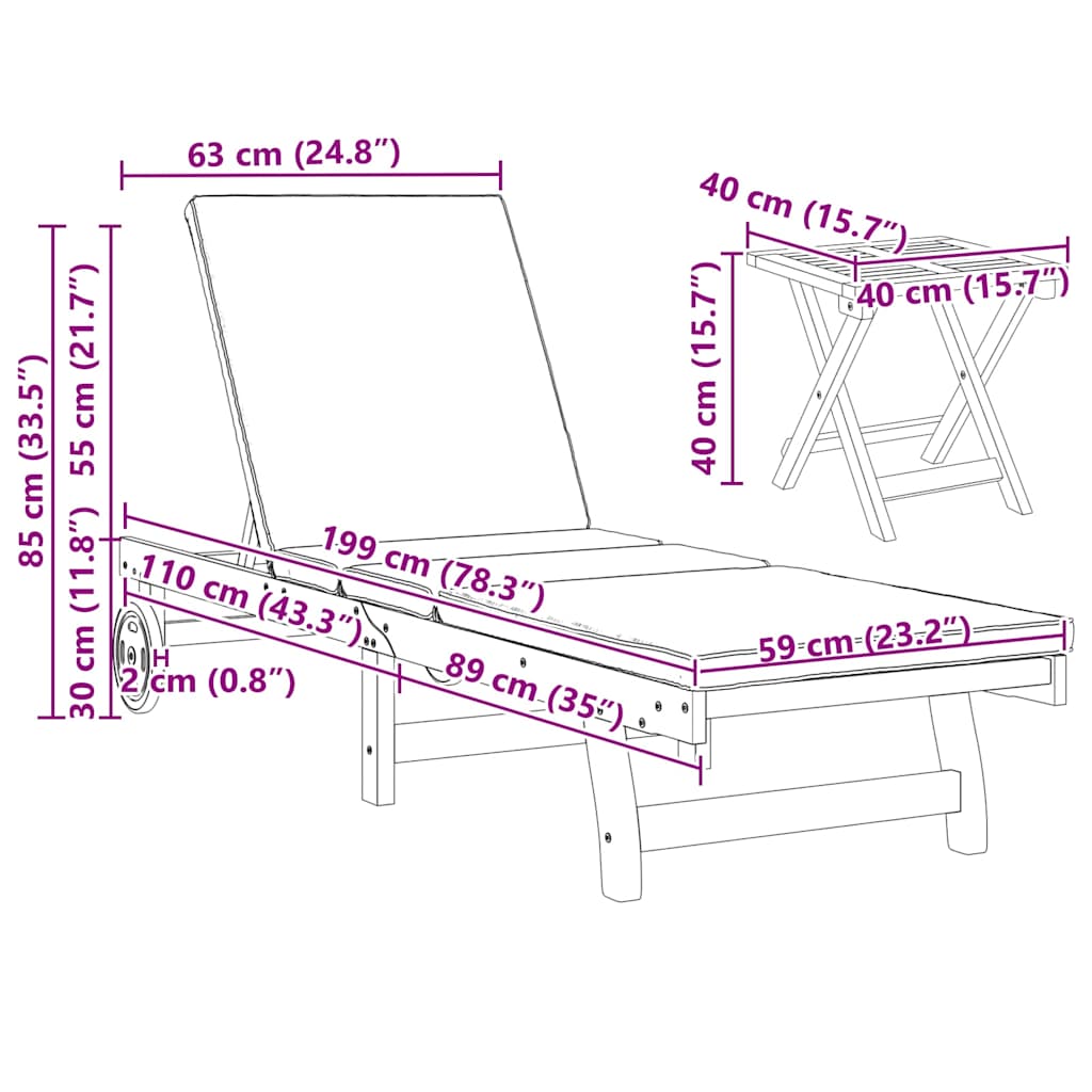 Sonnenliege 2-Person 3 pcs Braun Massivholz Akazie