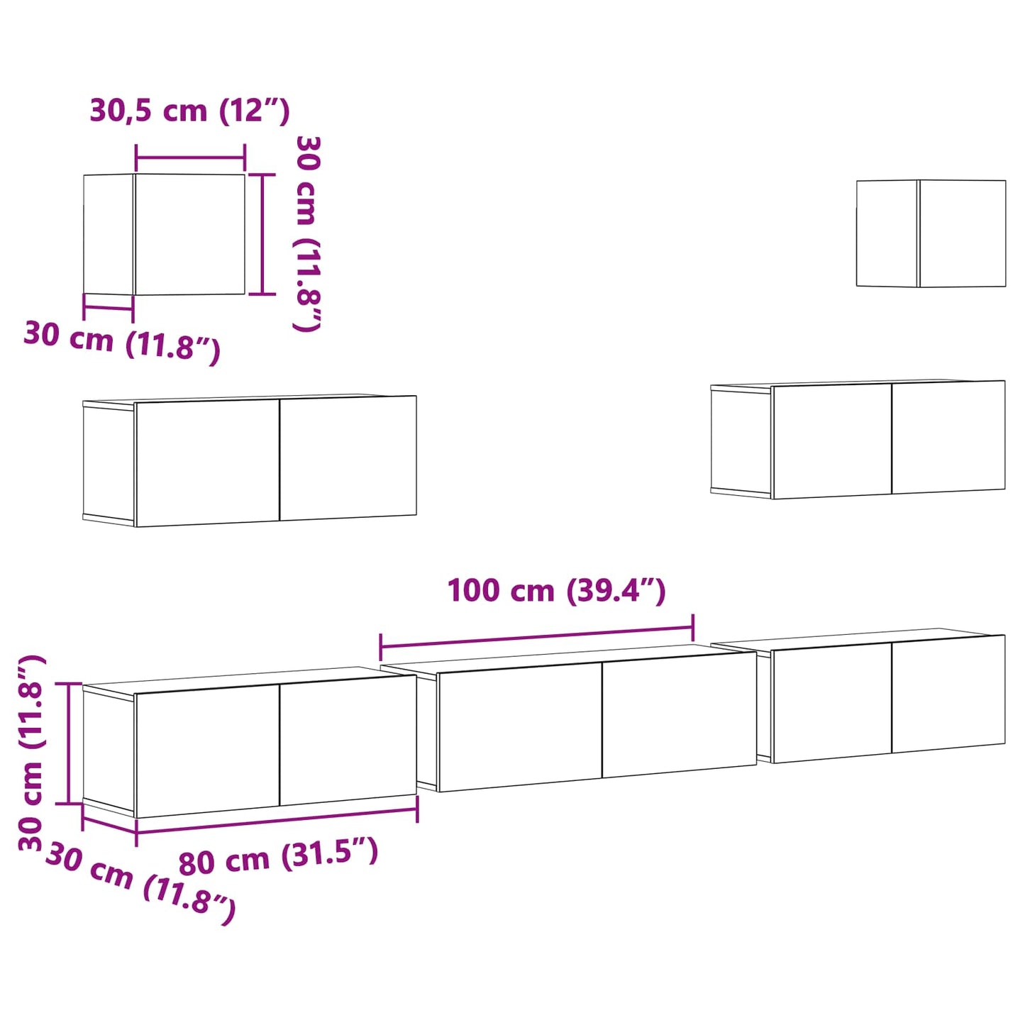TV-Schrankset 7 pcs Schwarz Eichen-Optik 100 x 30 x 30 cm