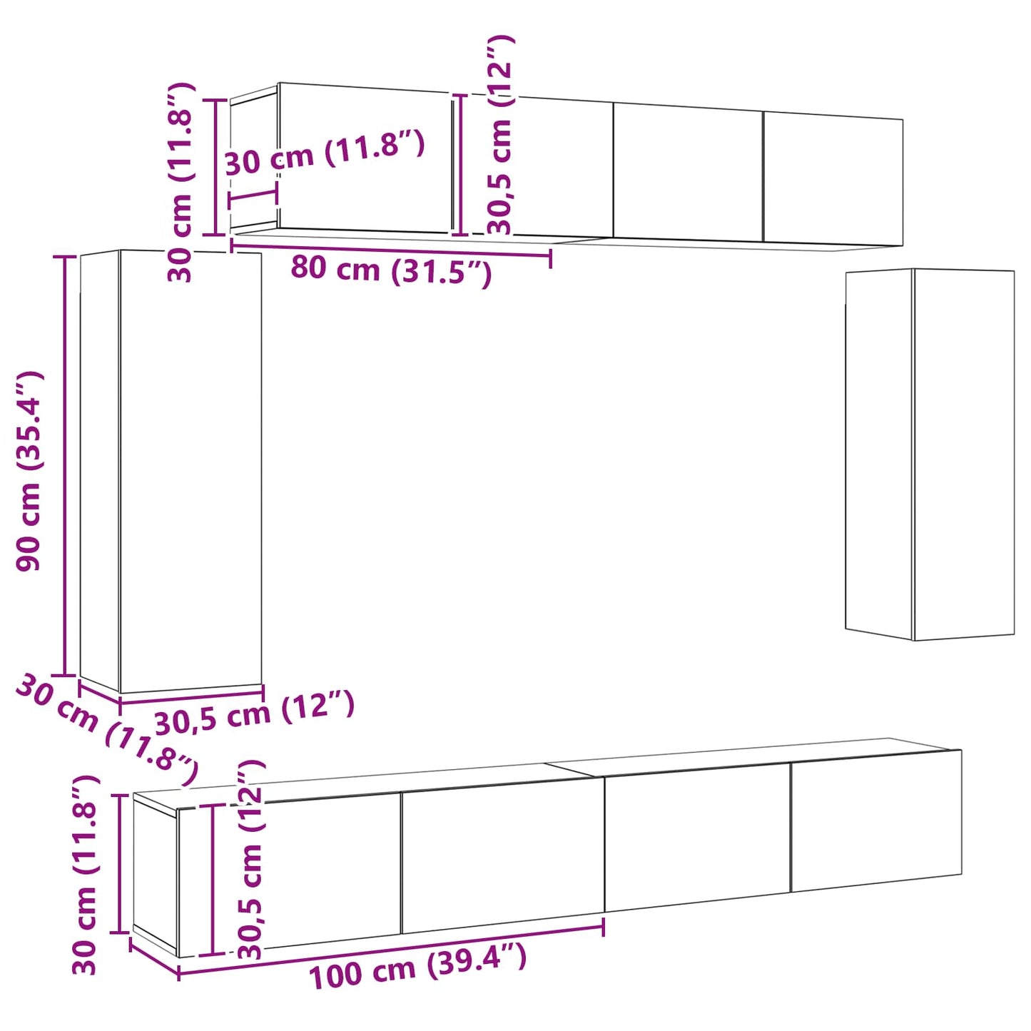 TV-Schrankset 6 pcs Schwarz Eichen-Optik 100 x 30 x 30 cm