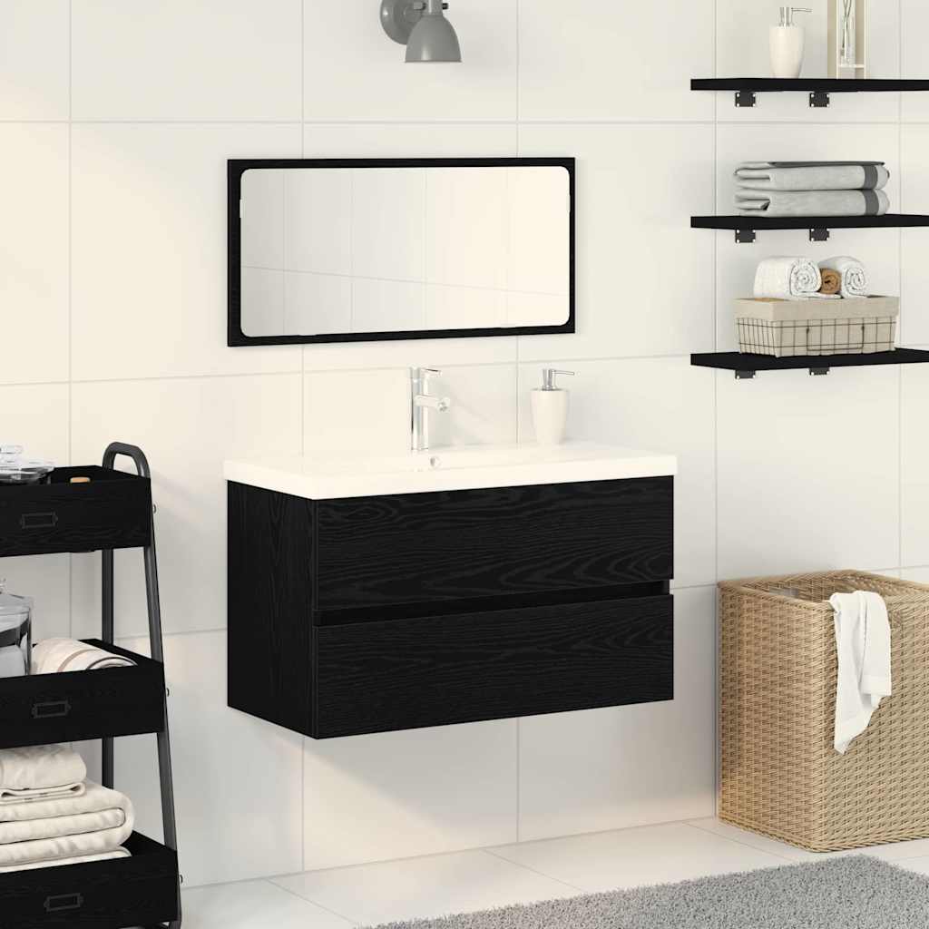 Badezimmermöbel-Set 3 pcs Schwarz Eichen-Optik Holzwerkstoff