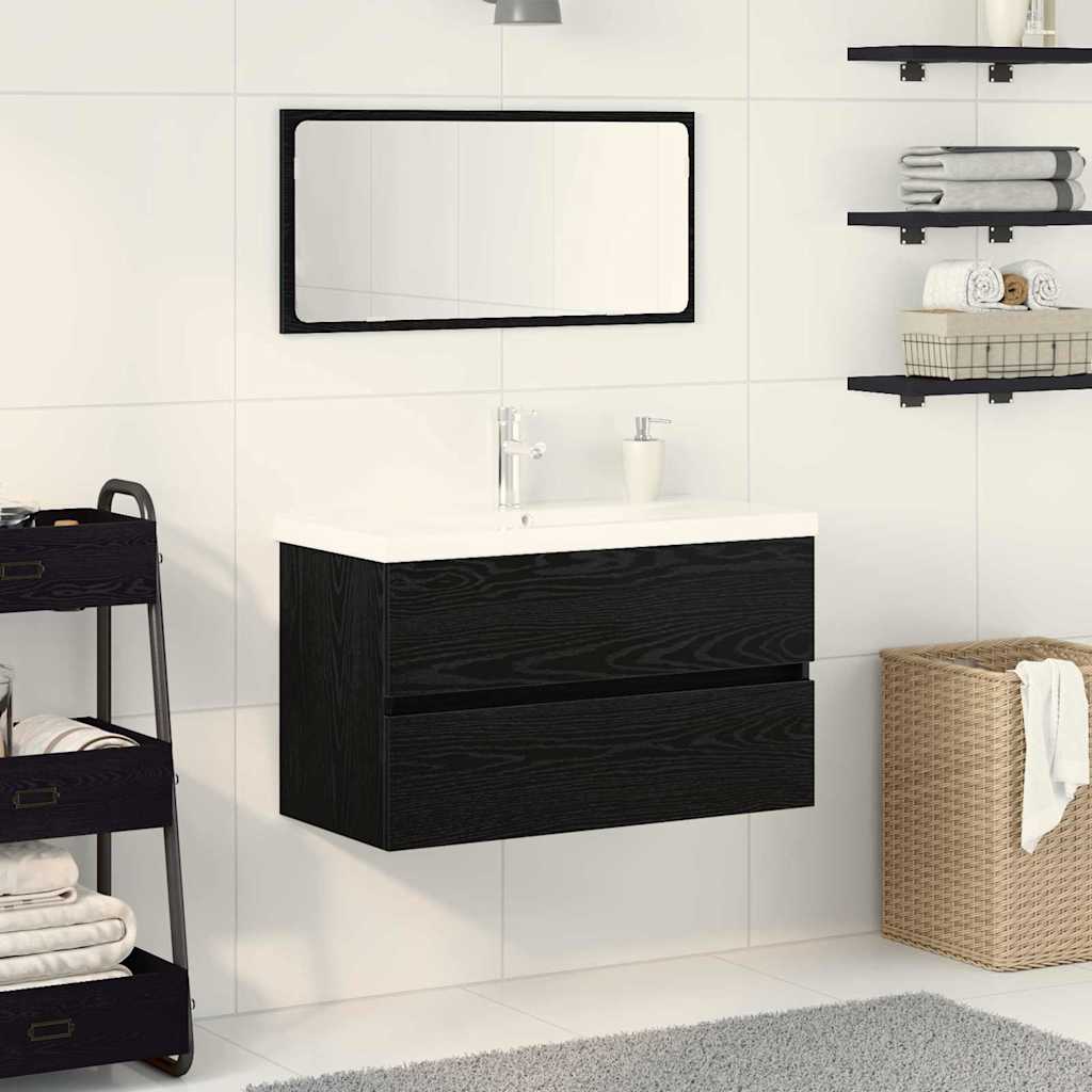 Badezimmermöbel-Set 3 pcs Schwarz Eichen-Optik Holzwerkstoff
