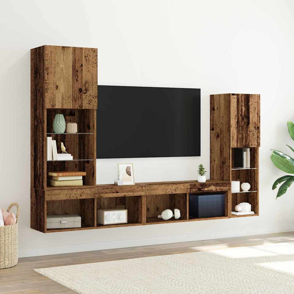 TV-Schränk mit LED-Lichtleisten 4 pcs Altholz Holzwerkstoff