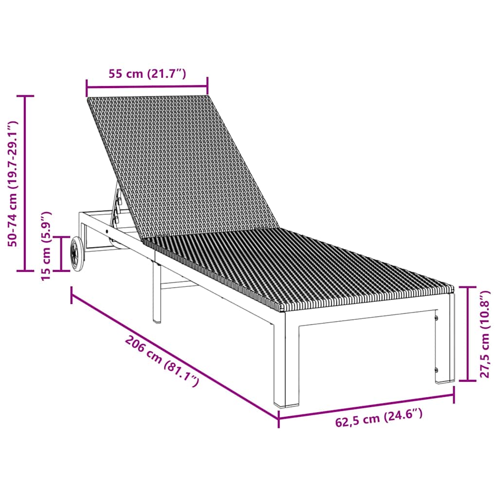 Sonnenliege 1-Person Braun 206 x 62,5 x 74 cm Poly-Rattan