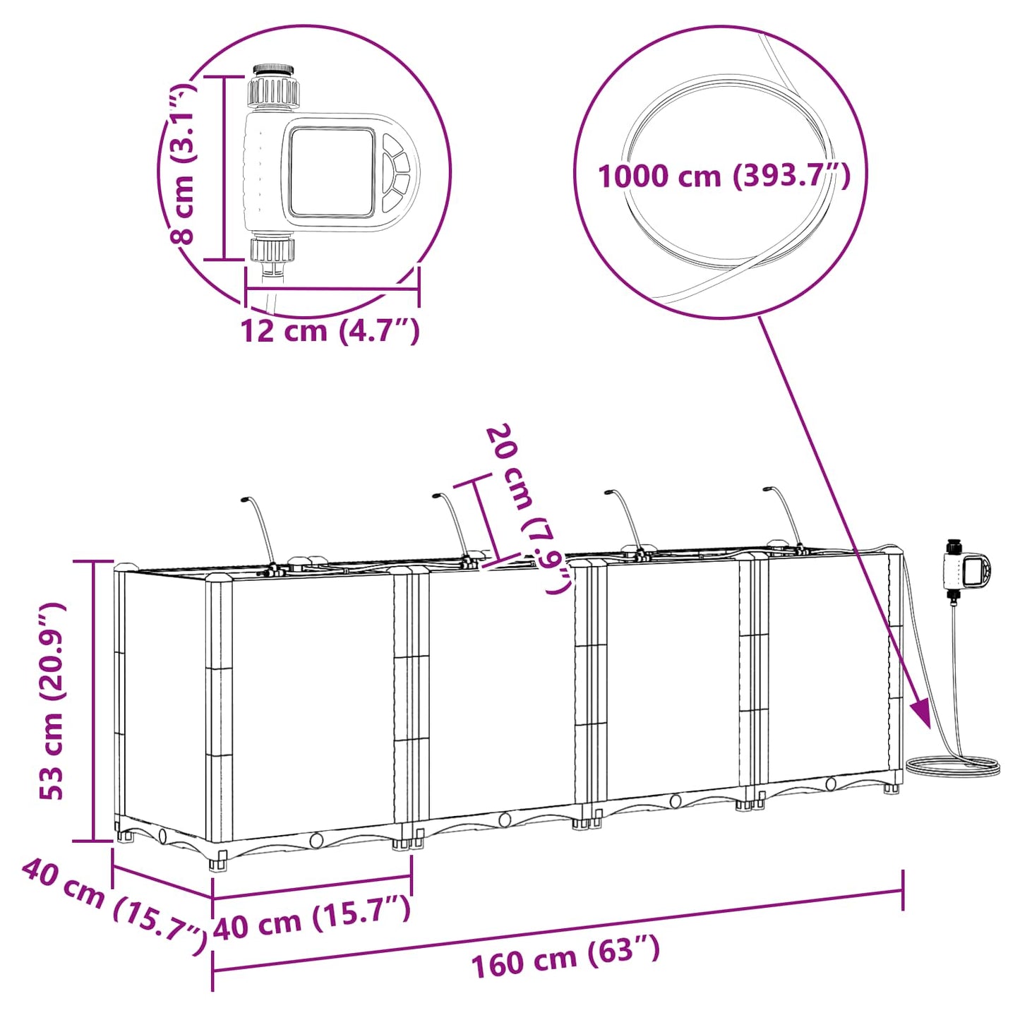 Garten-Pflanzgefäß 4 pcs Schwarz 160 x 40 x 52 cm Kunststoff