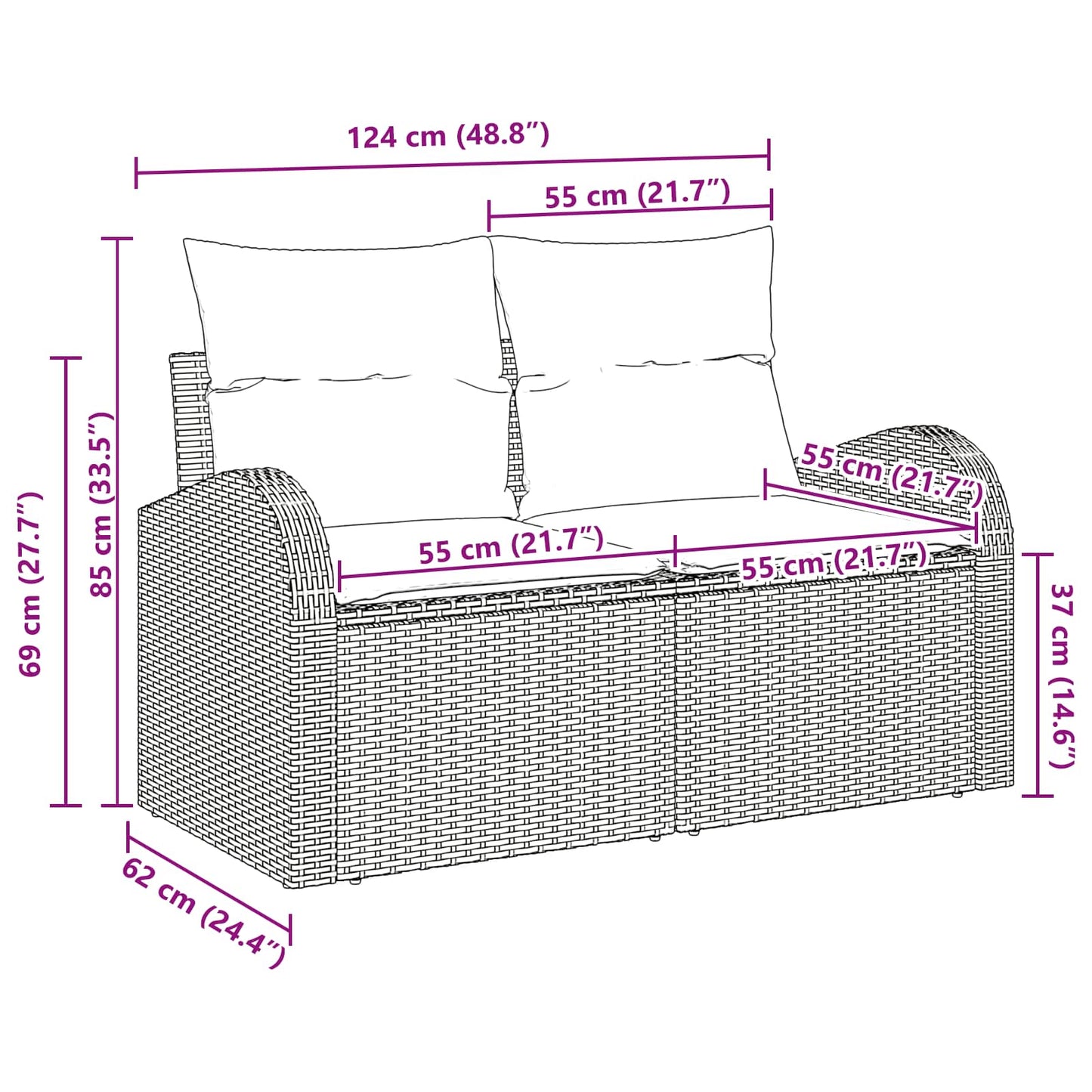 Gartensofa Braun 124 x 62 x 85cm Poly-Rattan