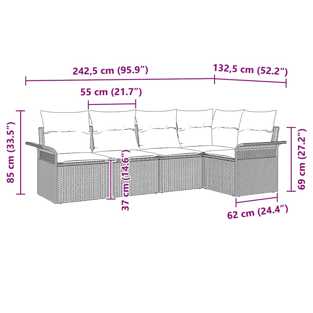 Gartensofa-set mit Kissen 5 pcs Poly-Rattan