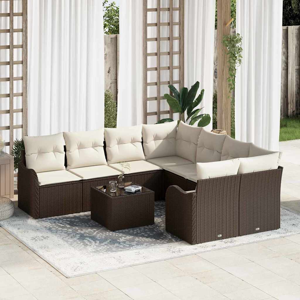 Gartensofa-set mit Kissen mit Speicher 9 pcs Braun Poly-Rattan