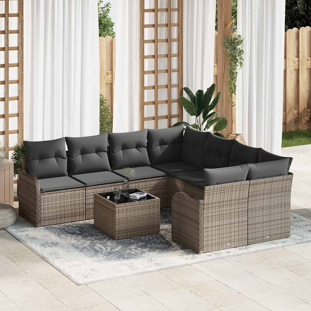 Gartensofa-set mit Kissen mit Speicher 9 pcs Grau Poly-Rattan