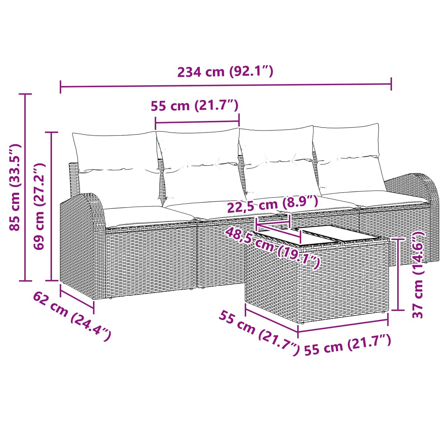 Gartensofa-set Braun 55 x 55 x 37 cm Poly-Rattan