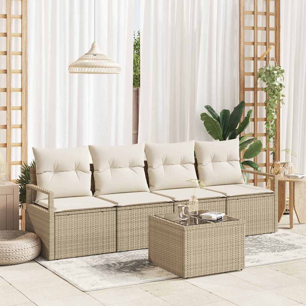 Sofa Set 5 pcs Beige und Creme Poly-Rattan
