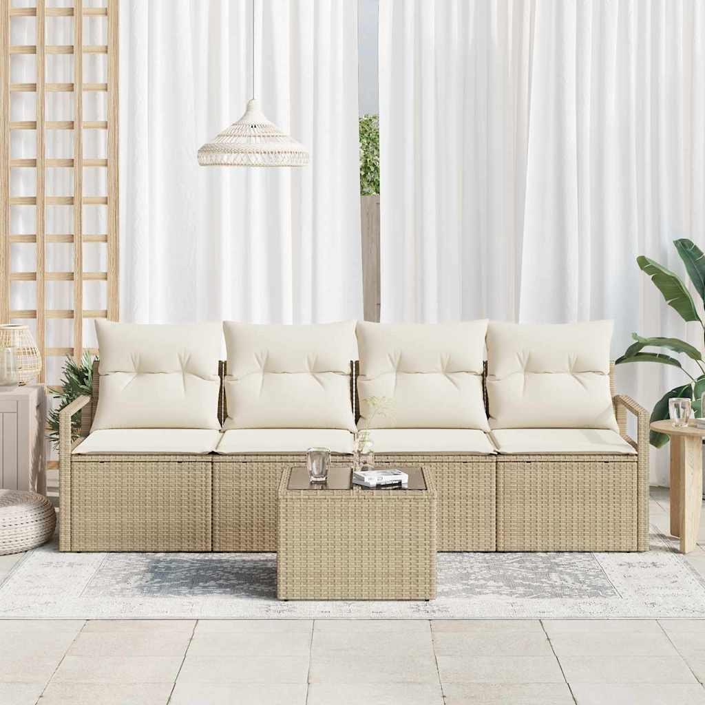Sofa Set 5 pcs Beige und Creme Poly-Rattan