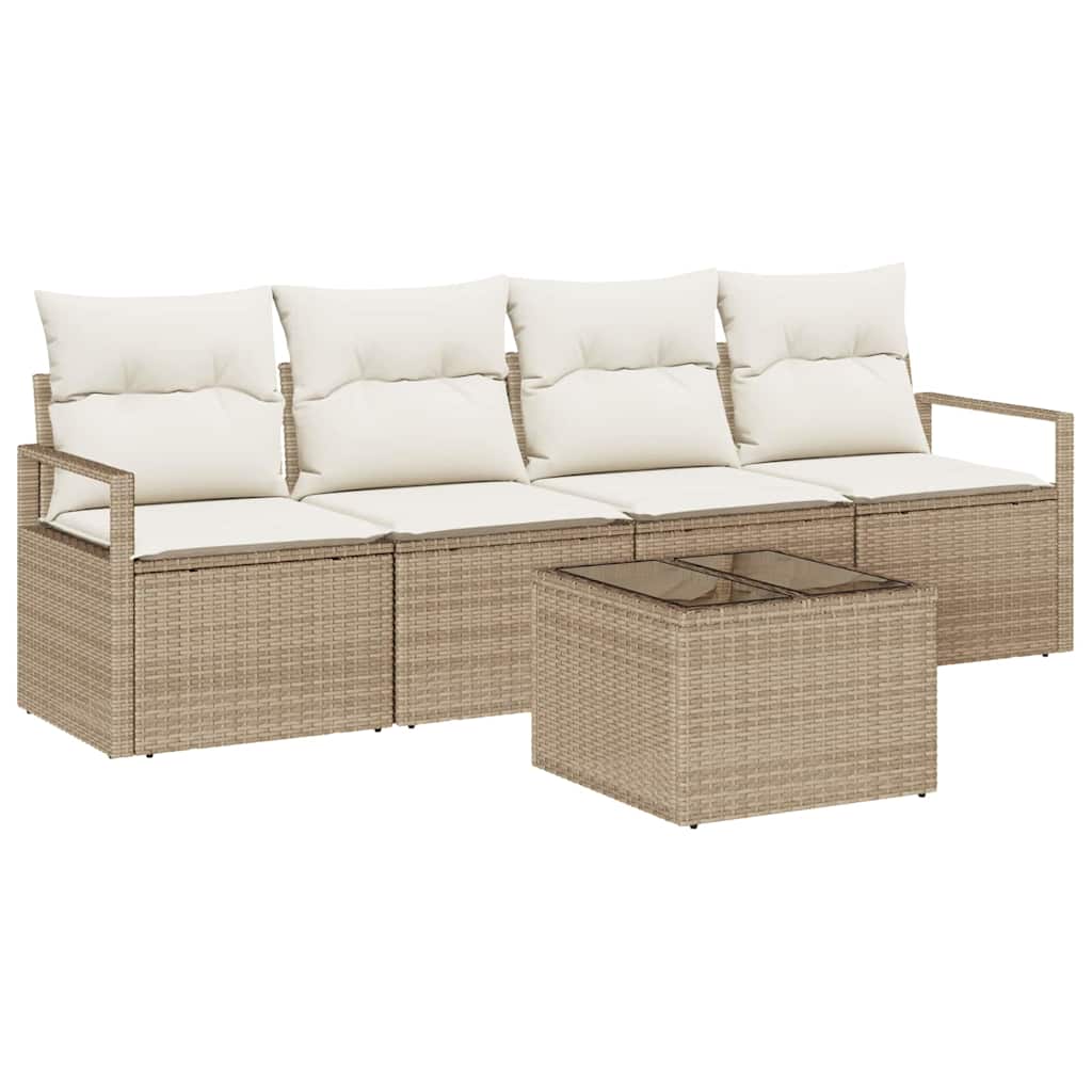 Sofa Set 5 pcs Beige und Creme Poly-Rattan