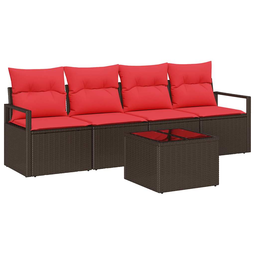 Sofa Set 5 pcs Braun und Rot Poly-Rattan