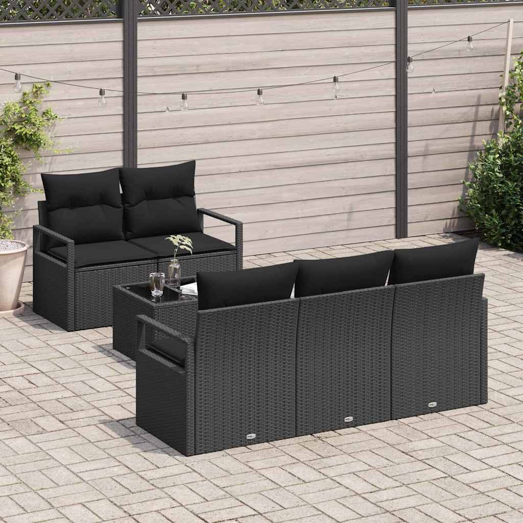 Sofa Set mit Kissen 6 pcs Schwarz Poly Rattan