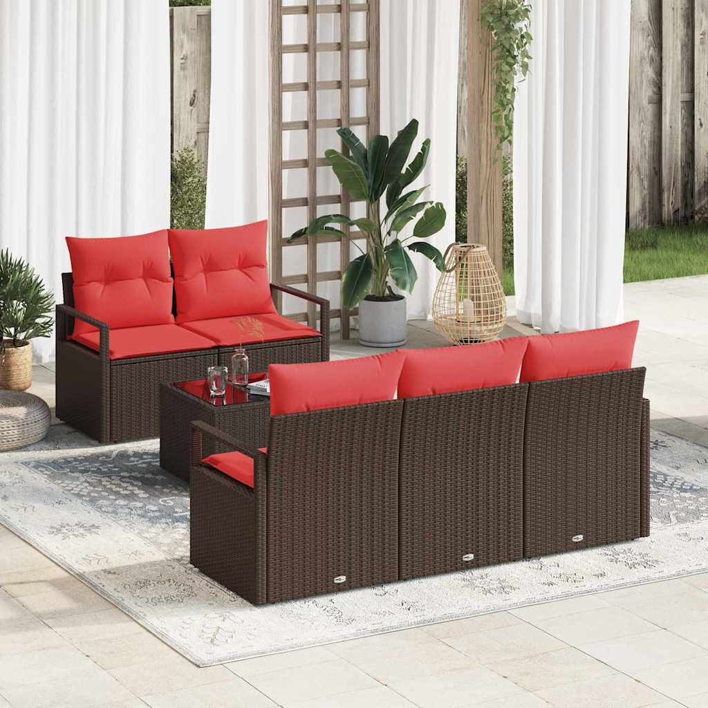 Sofa Set 6 pcs Braun und Rot Poly-Rattan
