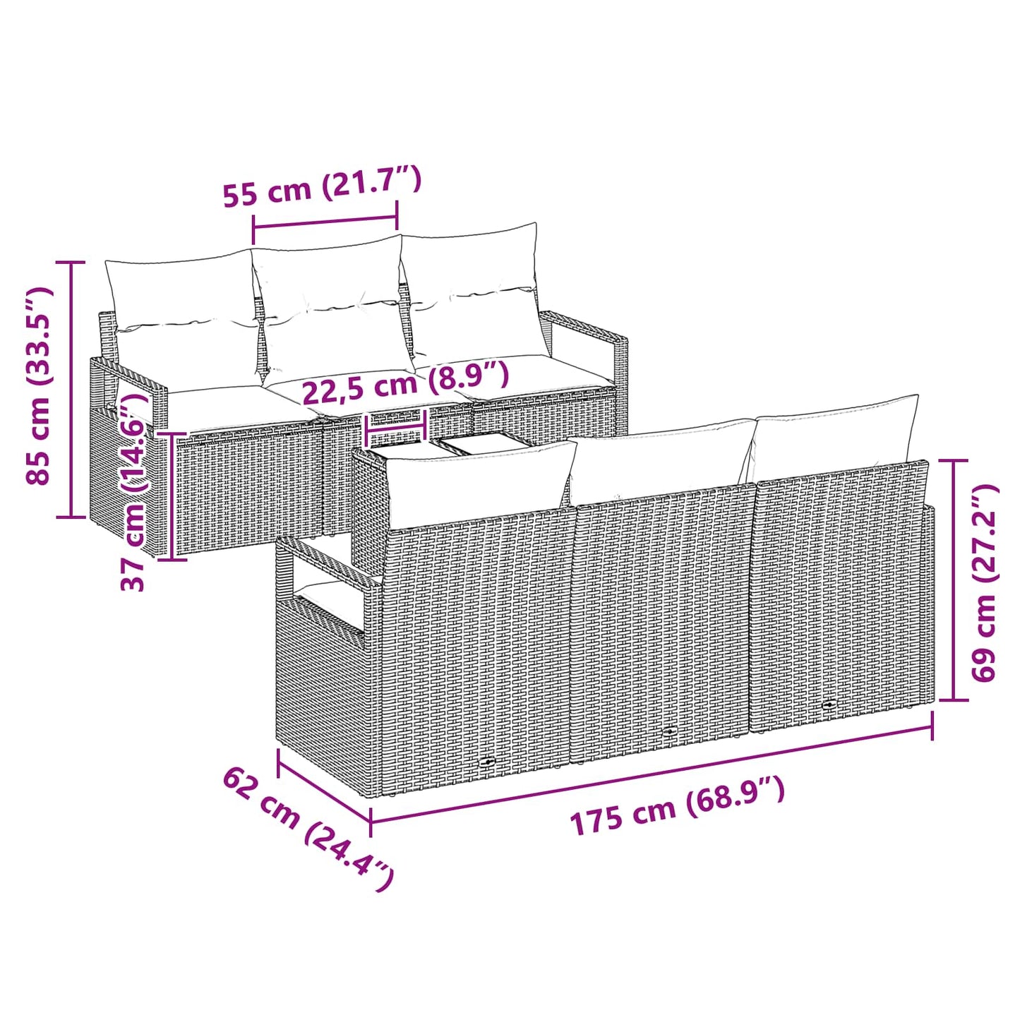 Sofa Set mit Kissen 7 pcs Grau und Marineblau Poly Rattan