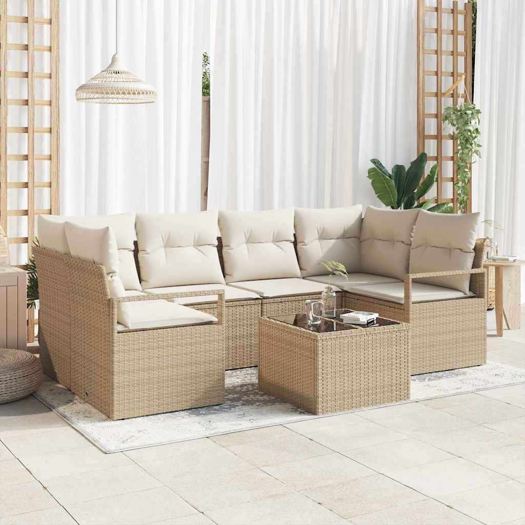 Sofa Set mit Kissen 7 pcs Beige und Creme Poly Rattan