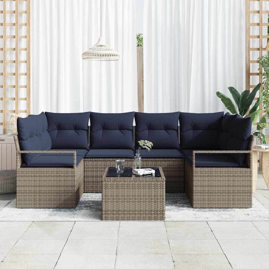 Sofa Set mit Kissen 7 pcs Grau und Blau Poly Rattan