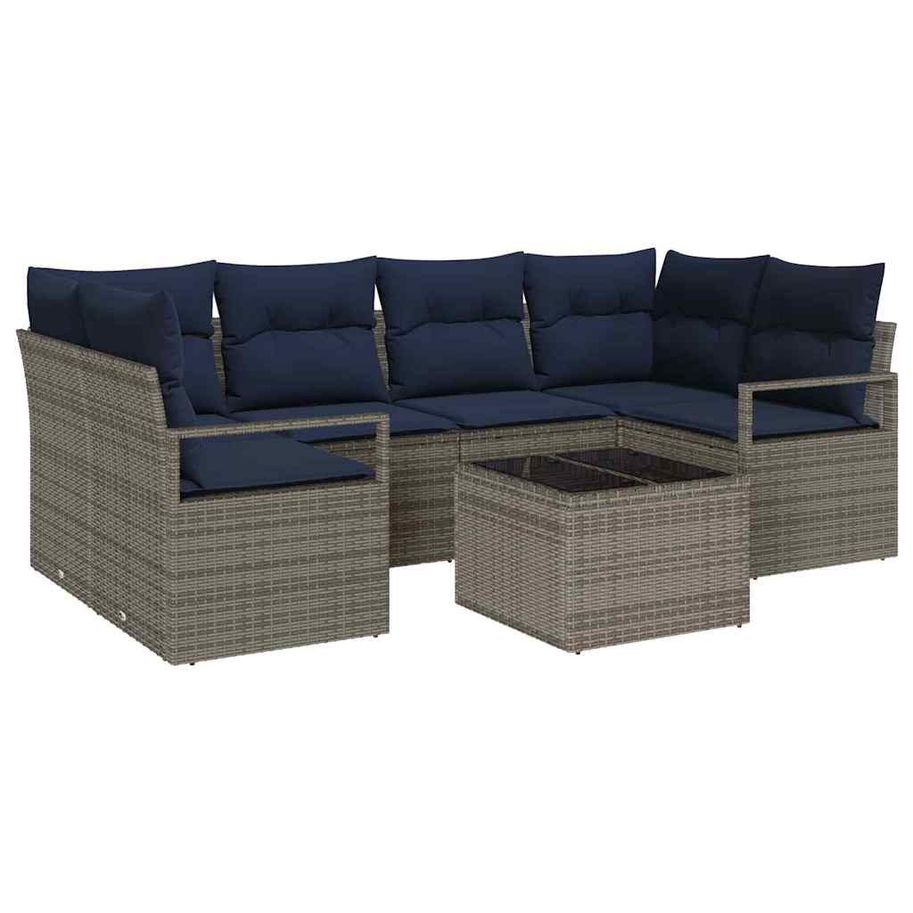 Sofa Set mit Kissen 7 pcs Grau und Blau Poly Rattan