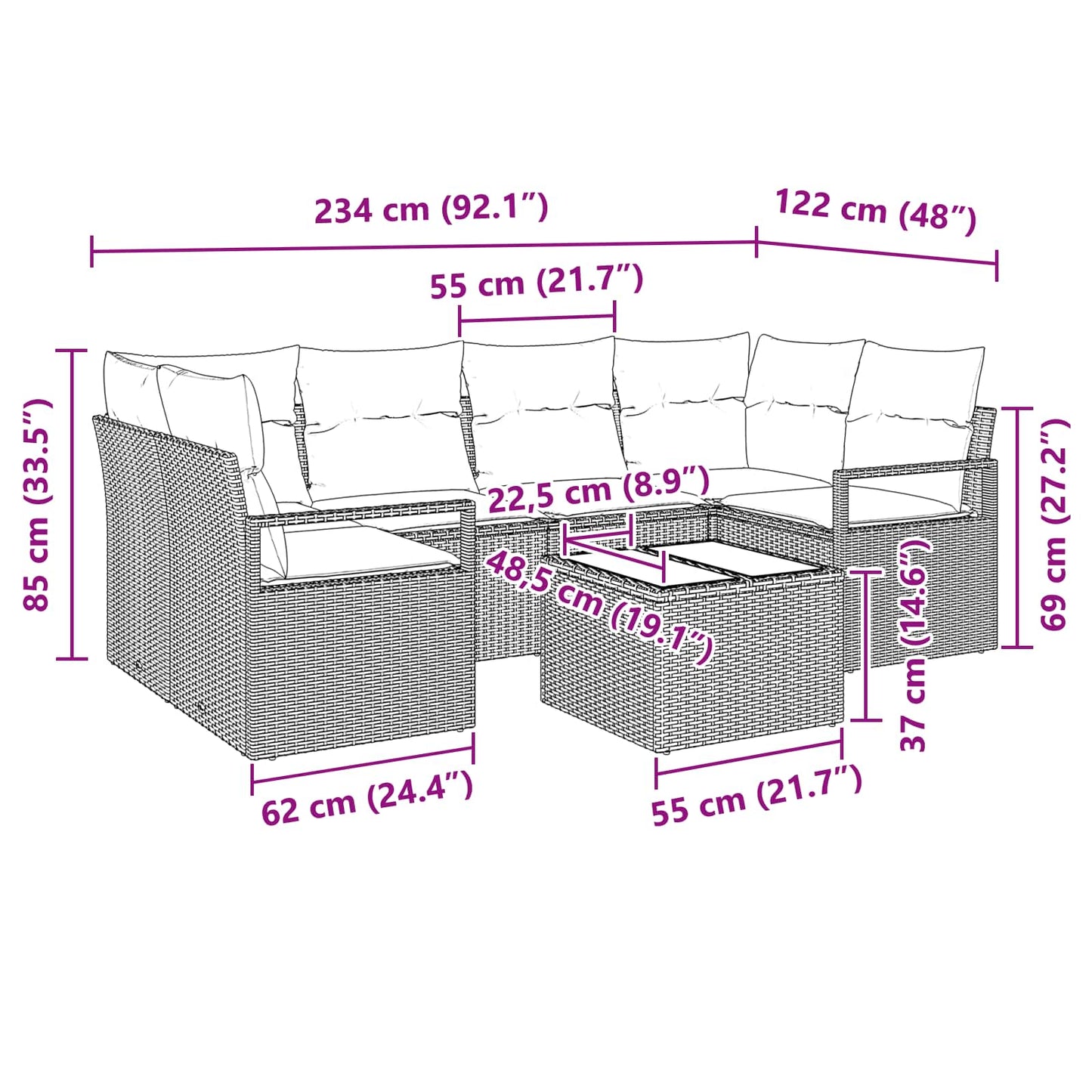Sofa Set mit Kissen 7 pcs Grau und Blau Poly Rattan