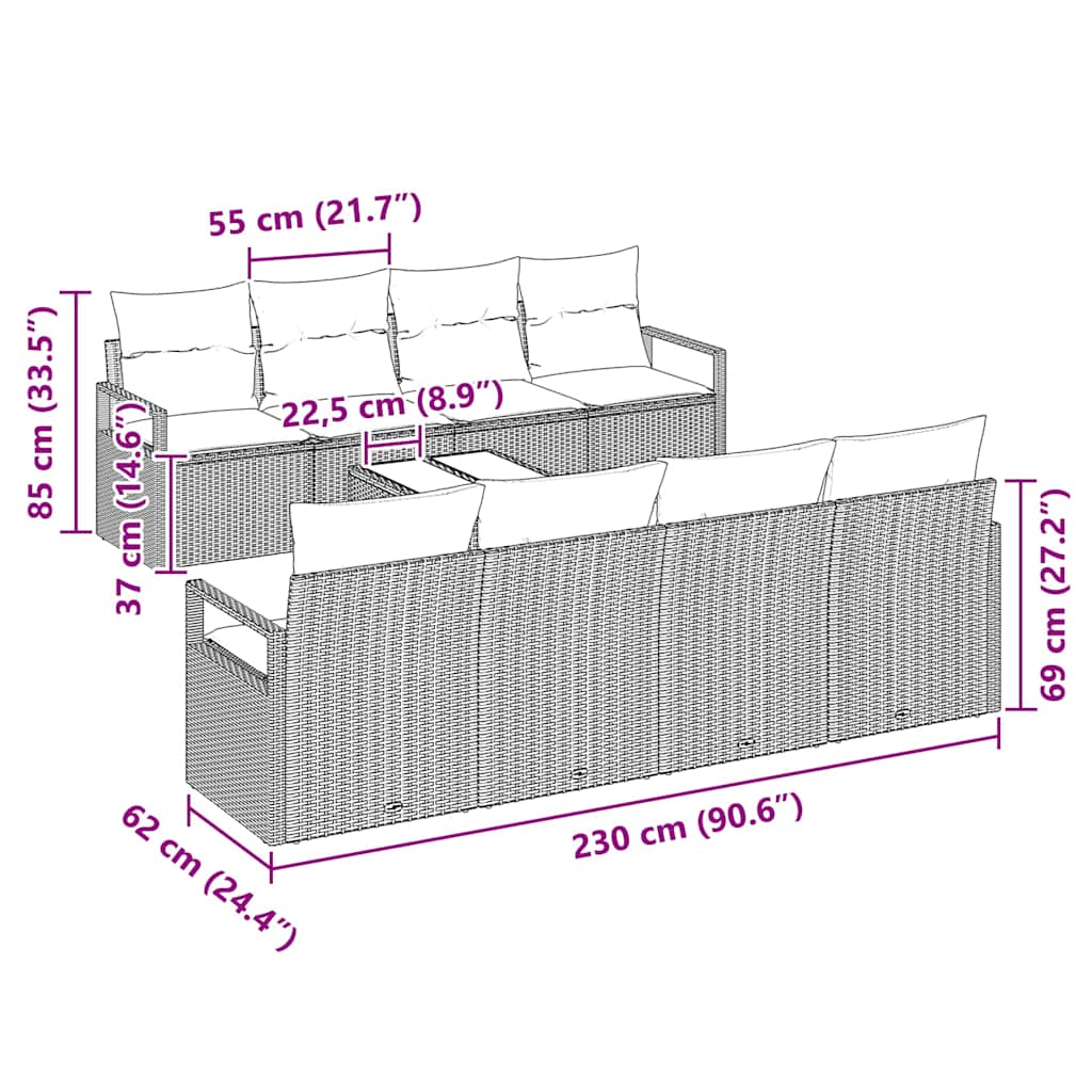 Sofa Set mit Kissen 7 pcs Schwarz und Creme Poly Rattan