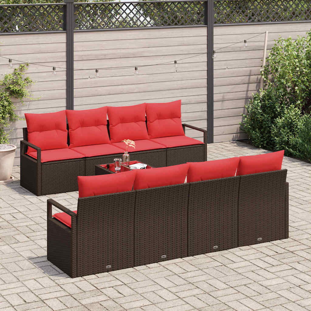 Sofa Set mit Kissen 7 pcs Braun und Rot Poly Rattan