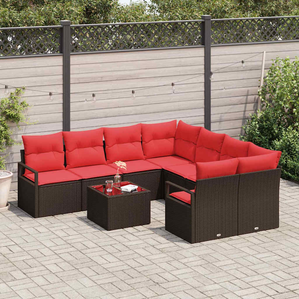 Sofa Set mit Kissen 9 pcs Braun und Rot Poly Rattan