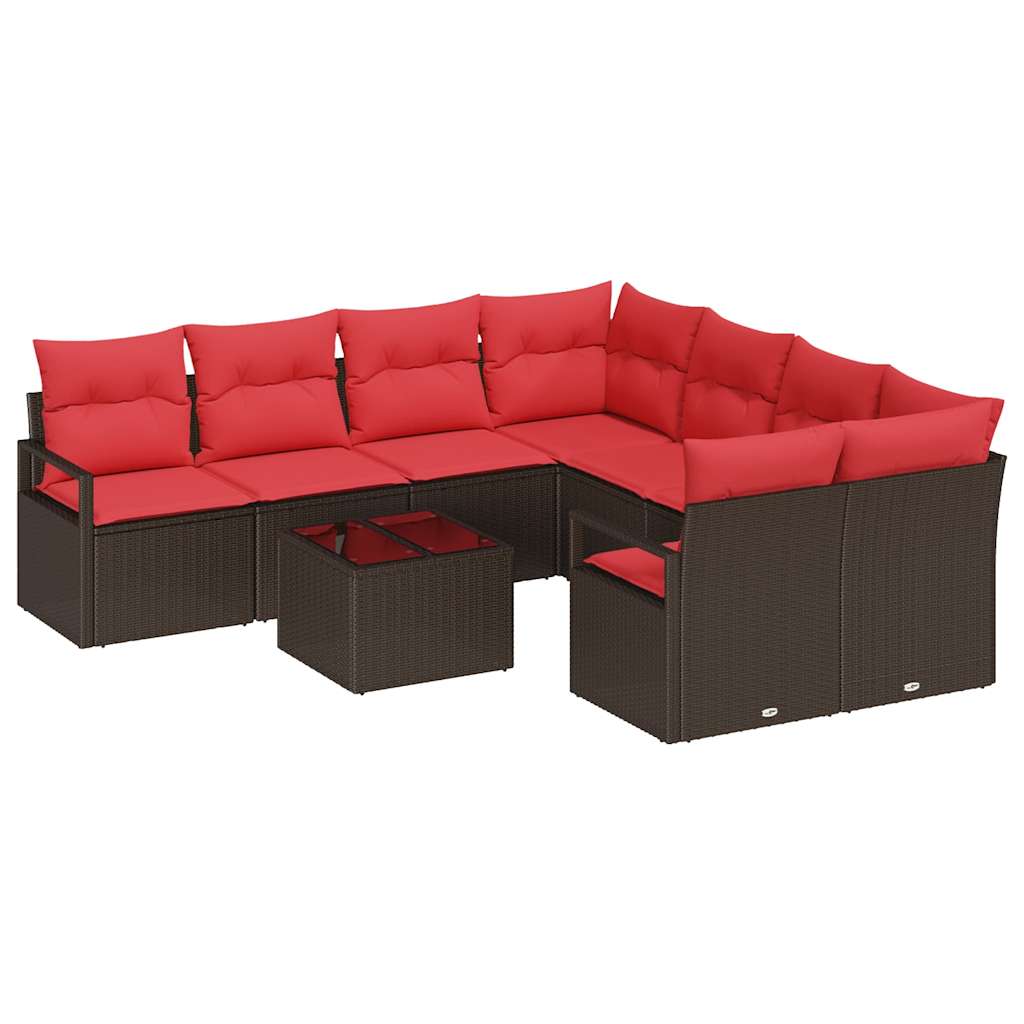 Sofa Set mit Kissen 9 pcs Braun und Rot Poly Rattan