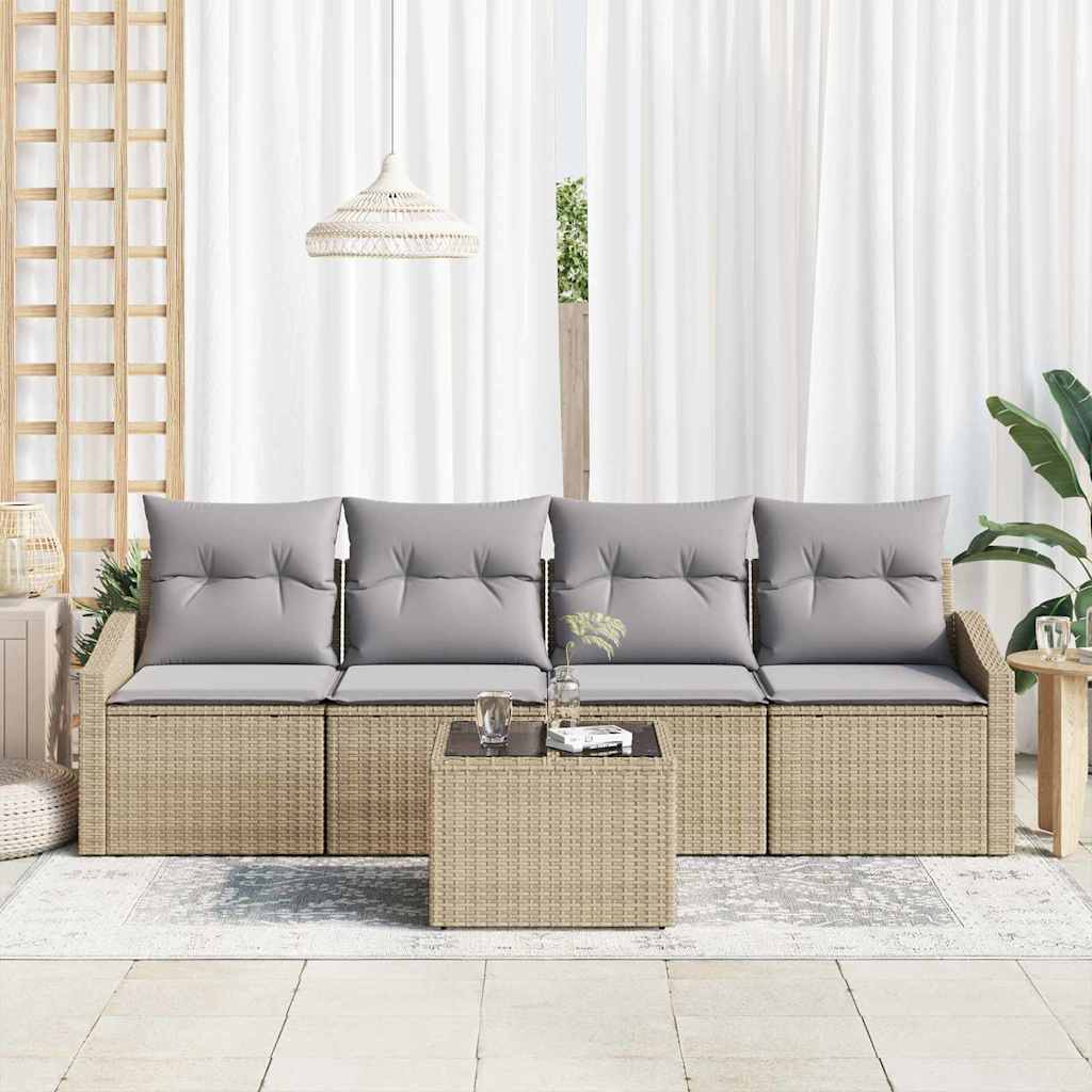 Sofa Set mit Kissen 5 pcs Beige und Hellgrau Poly Rattan