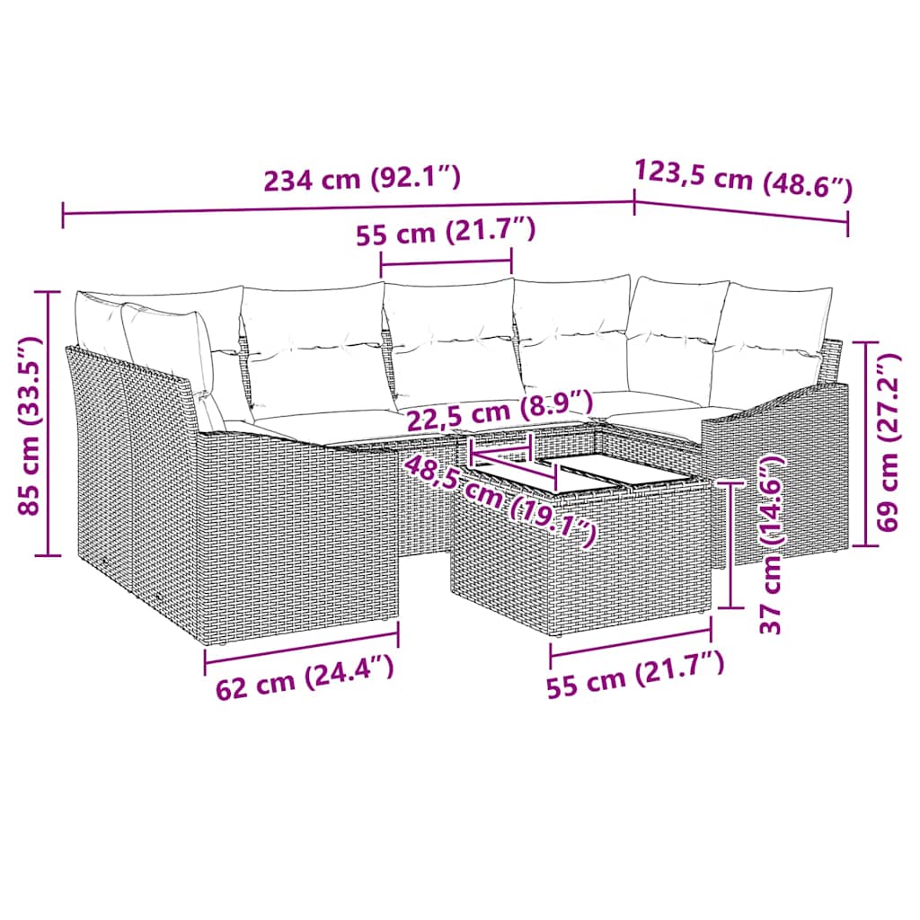 Sofa Set mit Kissen mit Kissen 7 pcs Grau Poly Rattan
